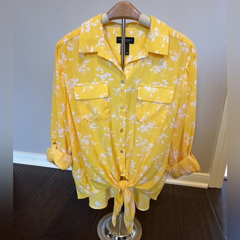 Investments Petite Yellow Button Down Blouse Size LP Front Tie, roll tab sleeves
